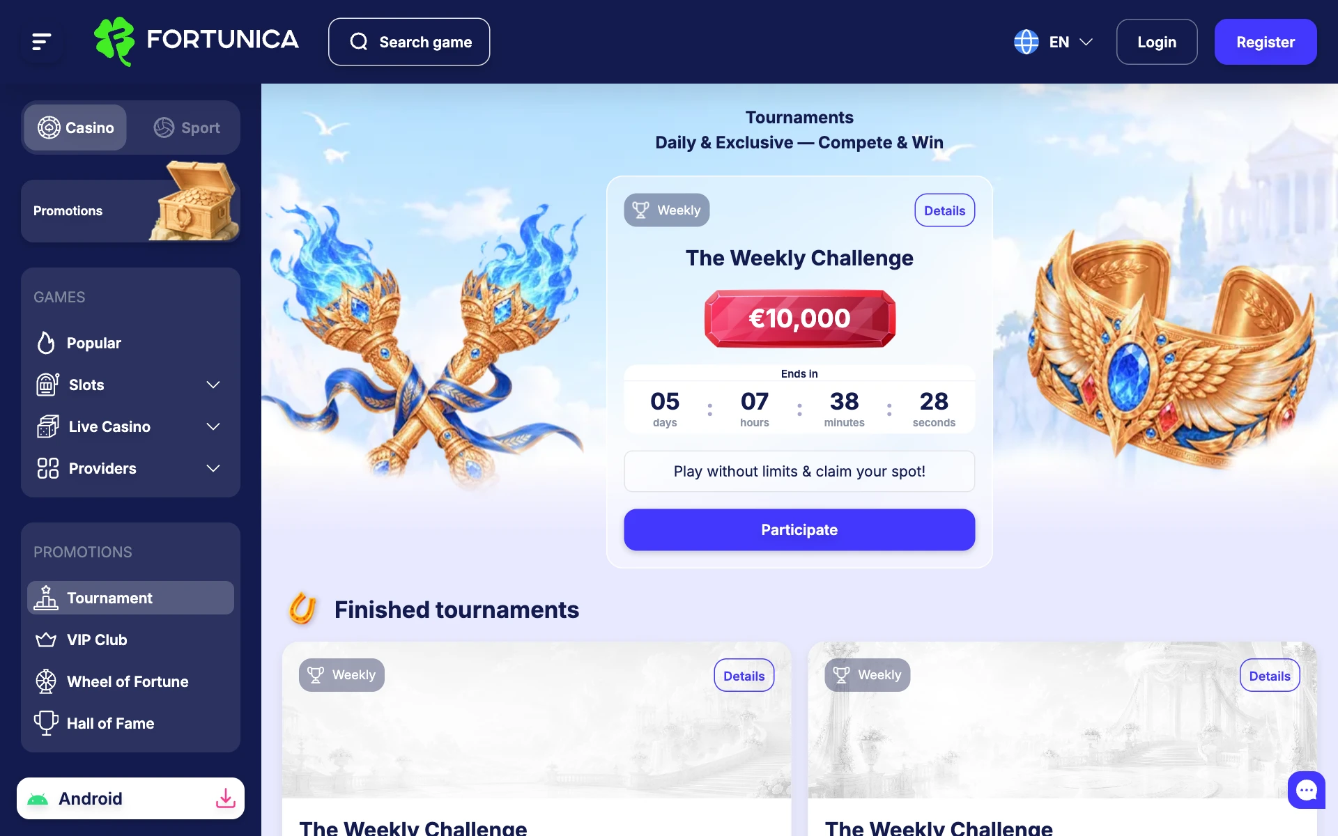 Fortunica tournaments page with the Weekly Challenge prize pool
