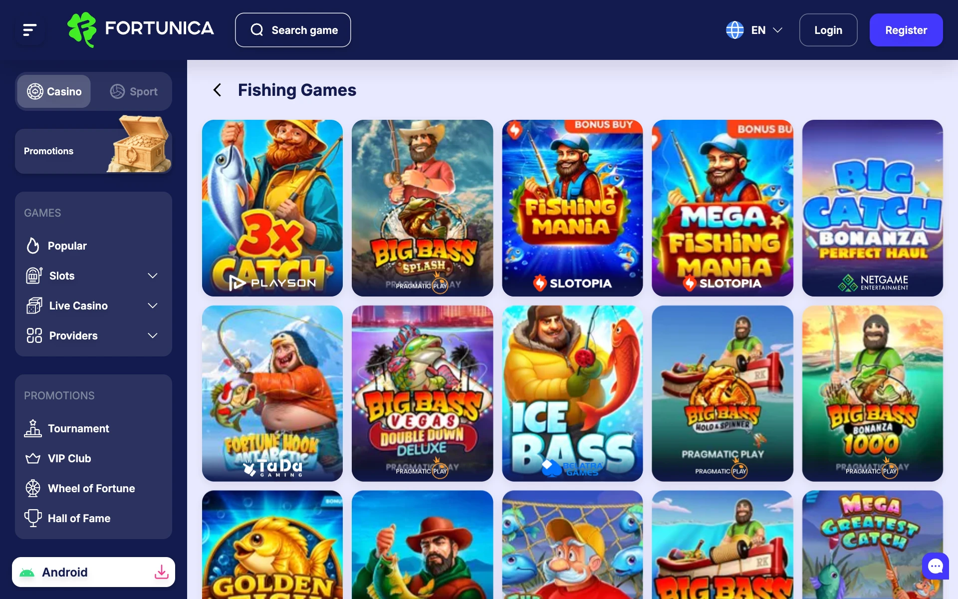 Fortunica Casino Fishing Games shelf with Big Bass and Fishing Mania tiles