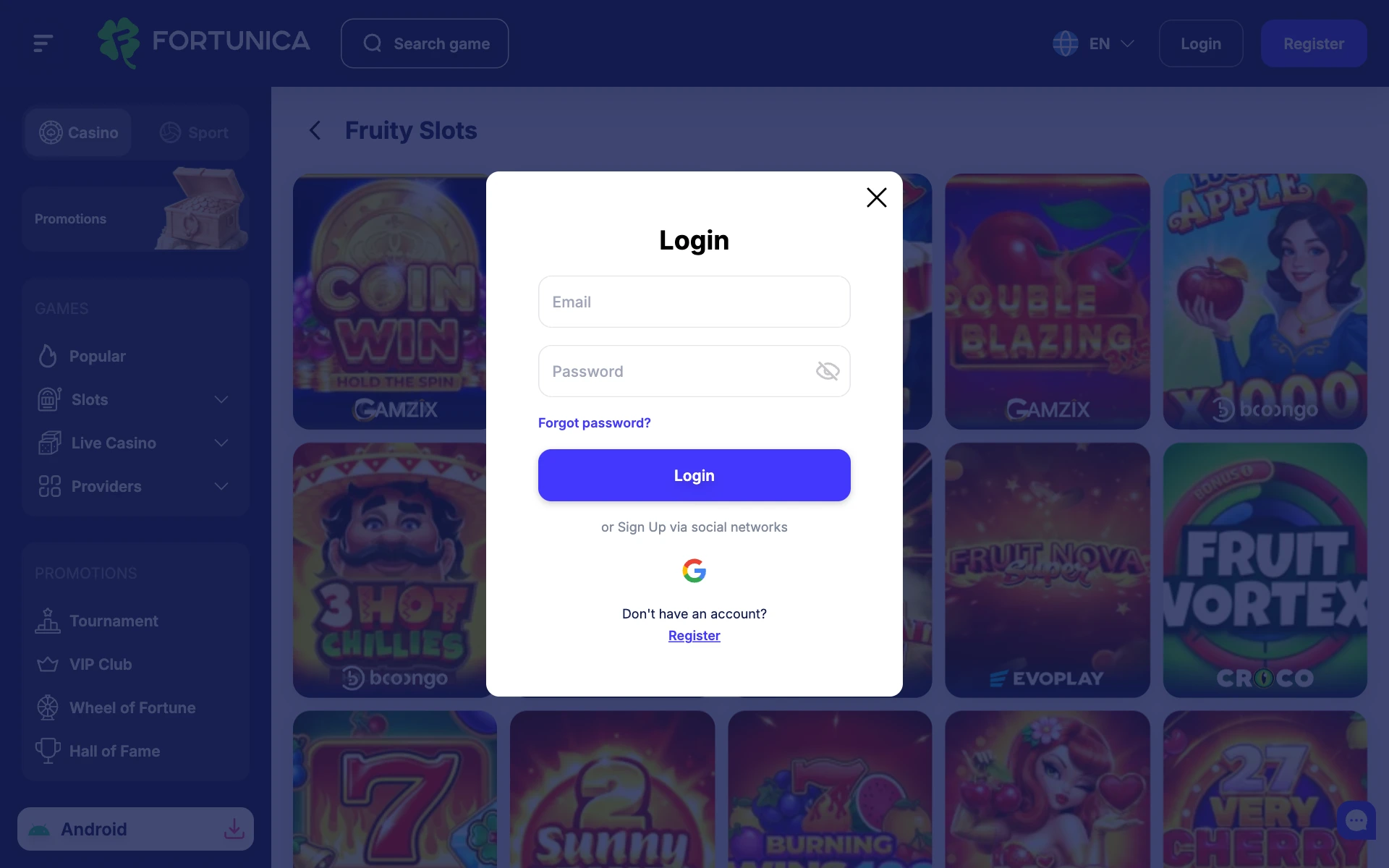 Fortunica login window over the Fruity Slots lobby